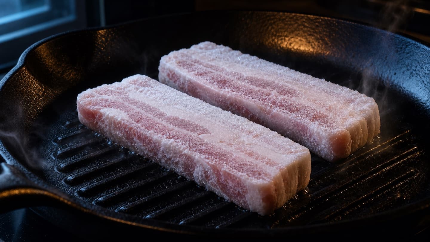 아직 서리가 남은 냉동 삼겹살이 달궈진 팬에 막 올려진 순간. 가장자리에서 김이 오른다.