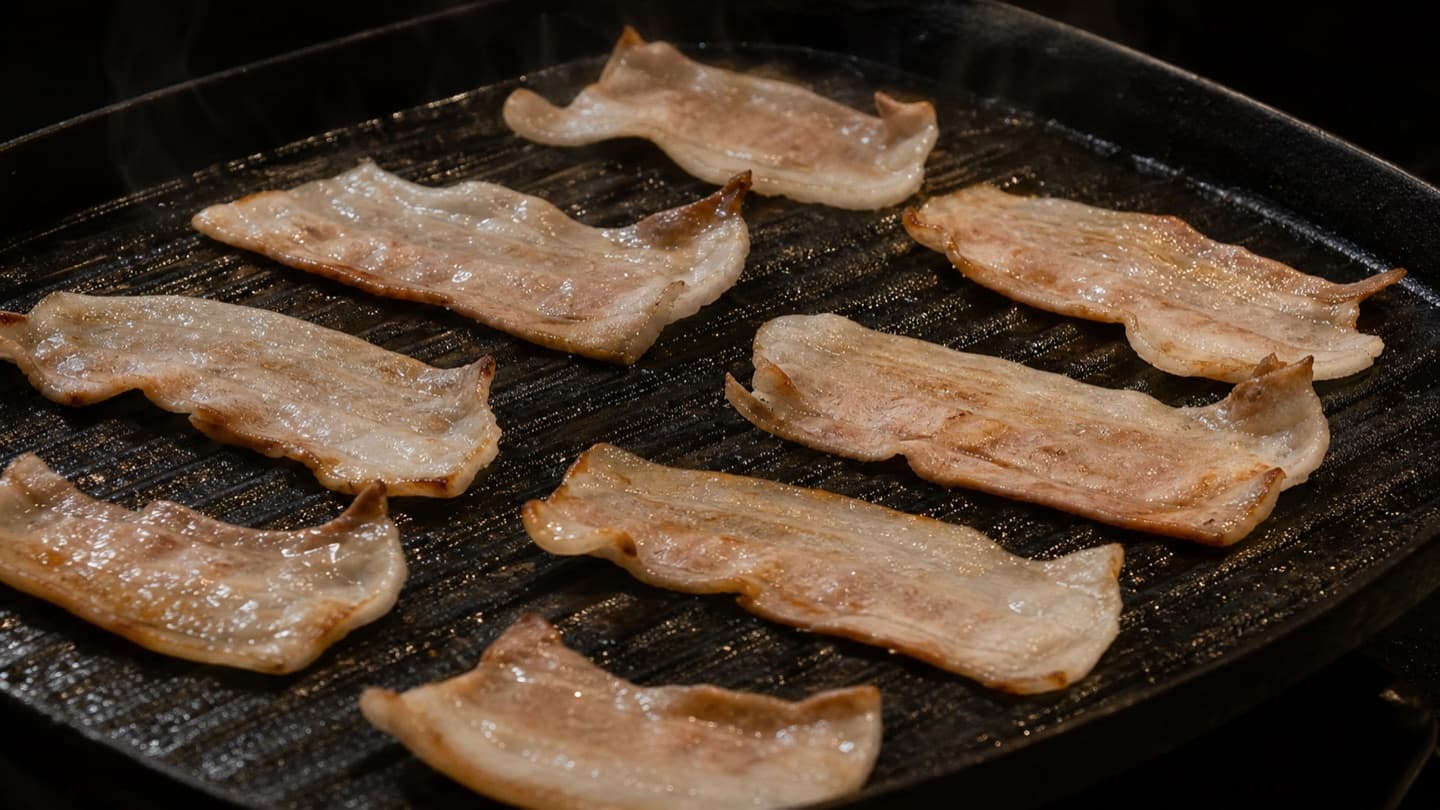 검은 무쇠 그릴팬 위에 얇게 썬 대패 삼겹살이 겹치지 않게 펼쳐져 익어간다. 가장자리가 벌써 말려 올라갔다.